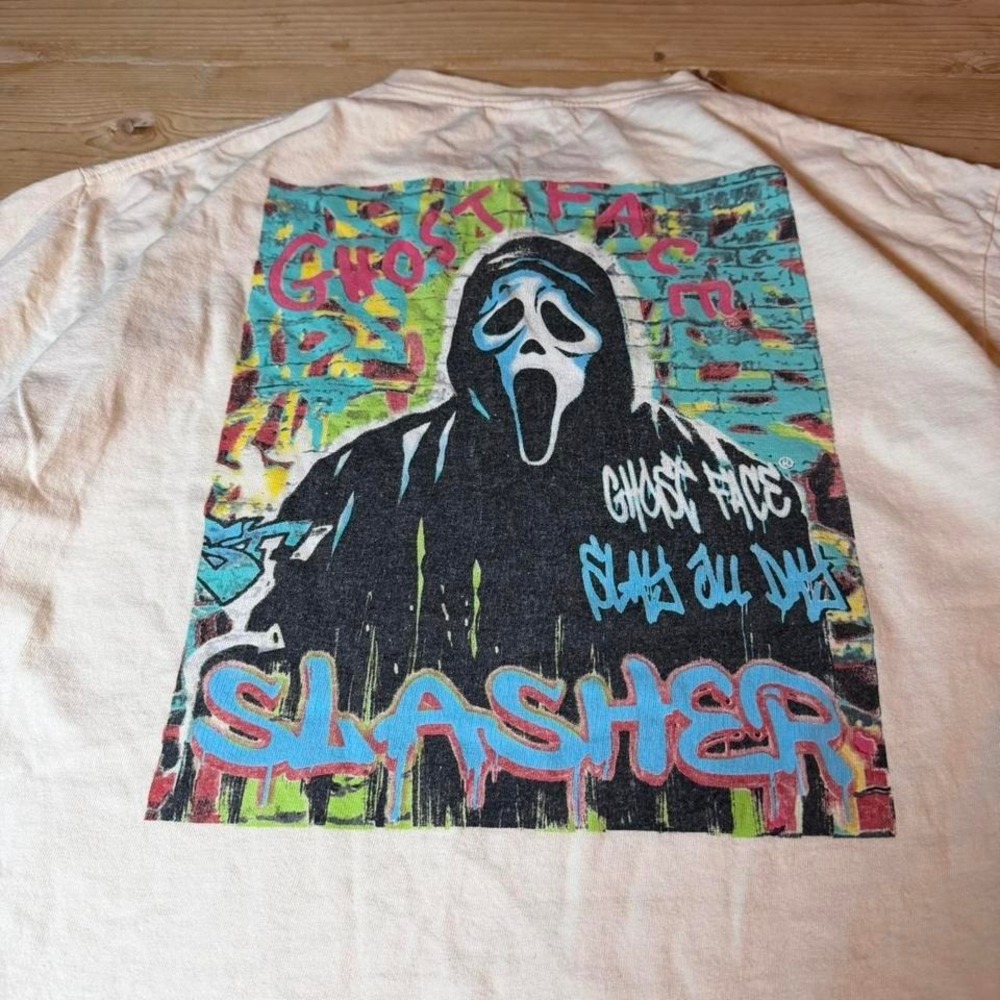 Ghostface Scream Slasher Slay All Day Graphic Tee Cream Mens XL Horror Movie